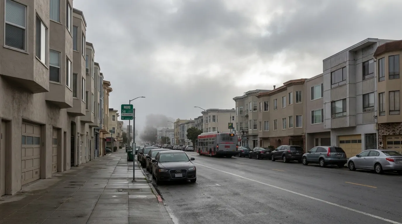 Geary Boulevard in San Francisco's Richmond District on a foggy afternoon with commercial buildings and Muni bus