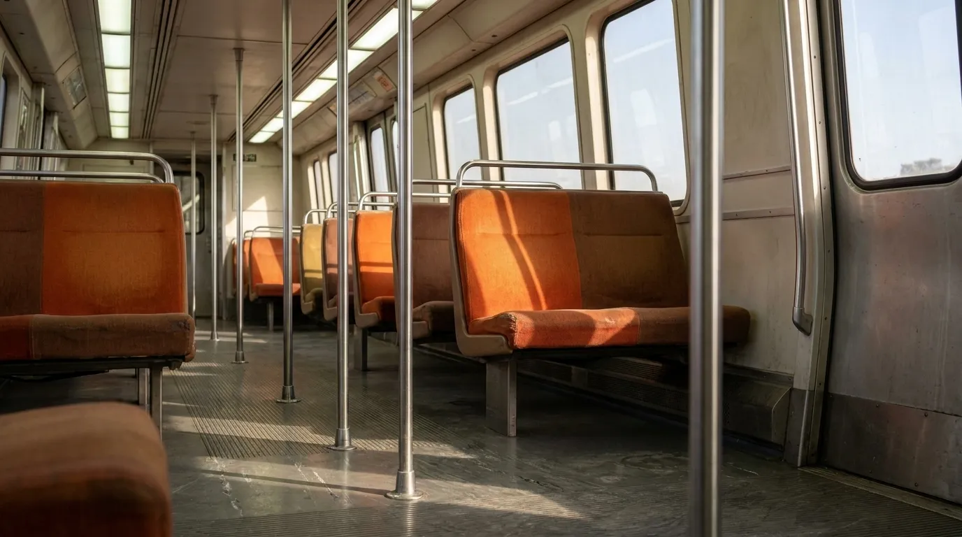 Interior detail of BART train car with orange seats and silver handrails