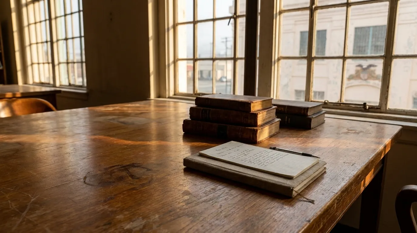 Study table at a San Francisco public library branch with afternoon light streaming through window onto books and notebook