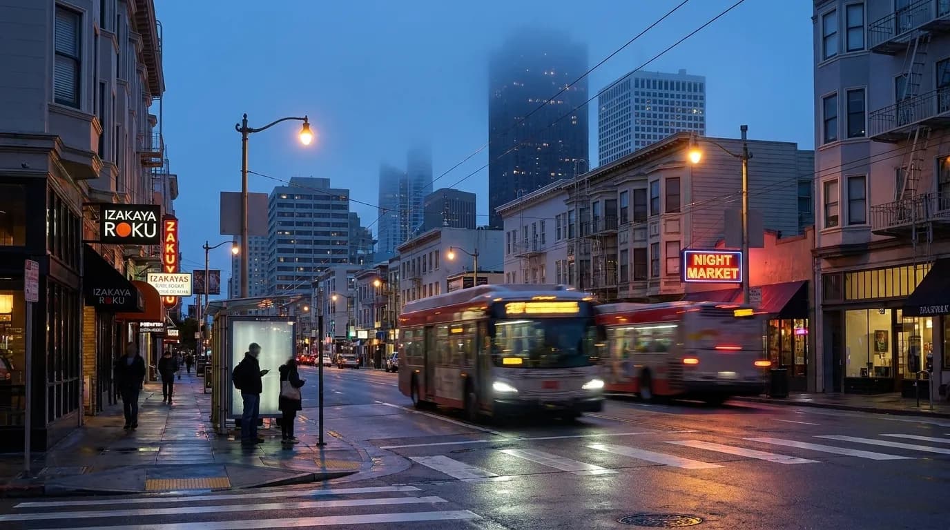 Geary Boulevard at dusk in San Francisco's Japantown, with a Muni bus and glowing storefronts under streetlights