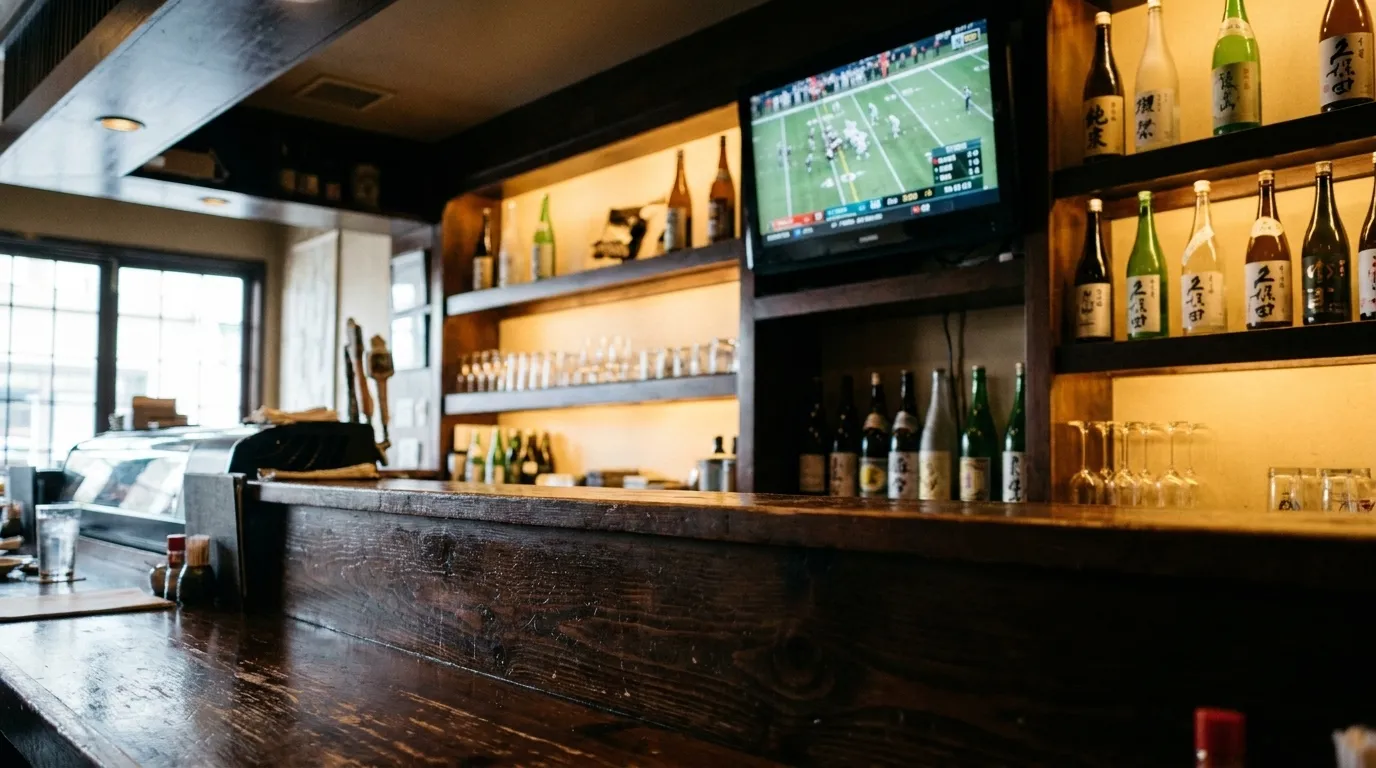Television screen showing a football game above a wooden bar counter in a San Francisco Japantown restaurant