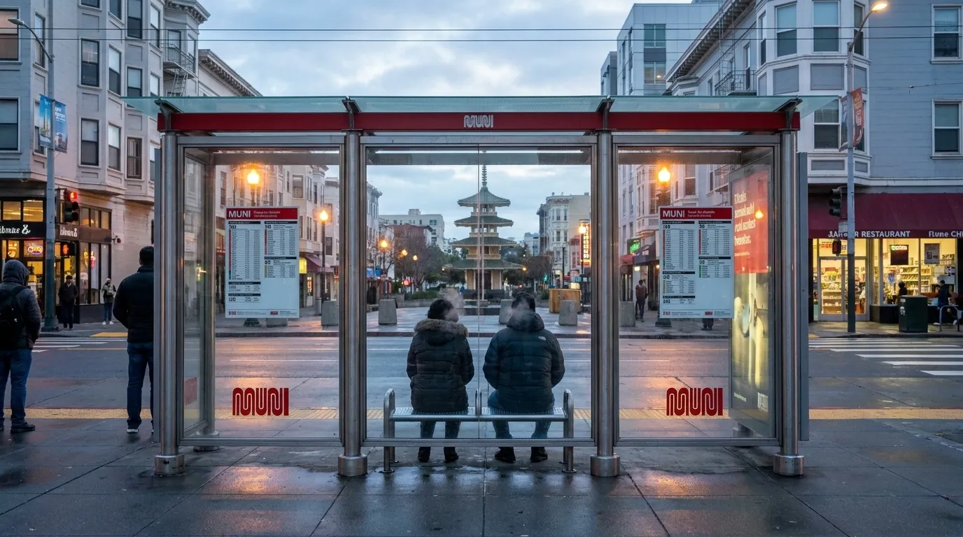 Muni bus shelter on Fillmore Street in San Francisco's Japantown during evening hours with waiting passengers