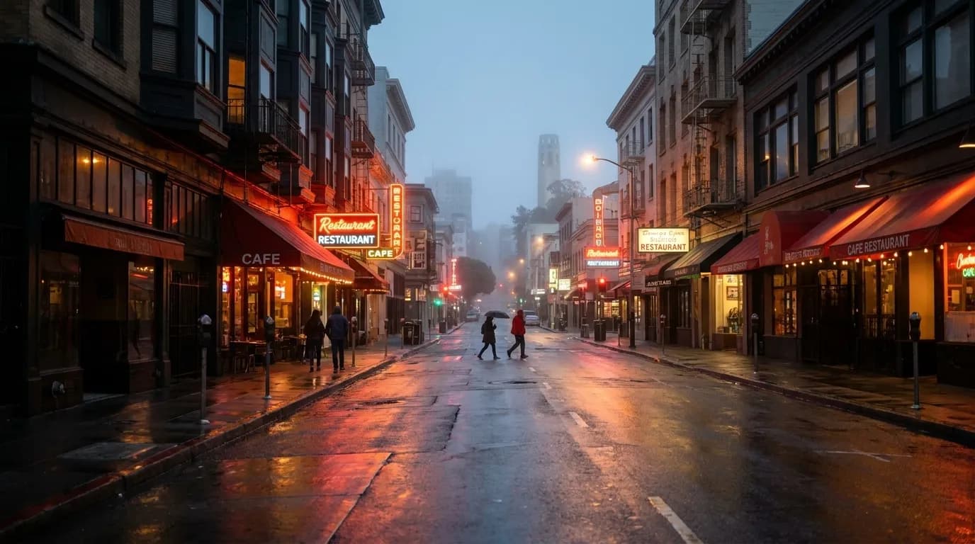 Columbus Avenue in San Francisco's North Beach at night with glowing restaurant signs and light fog