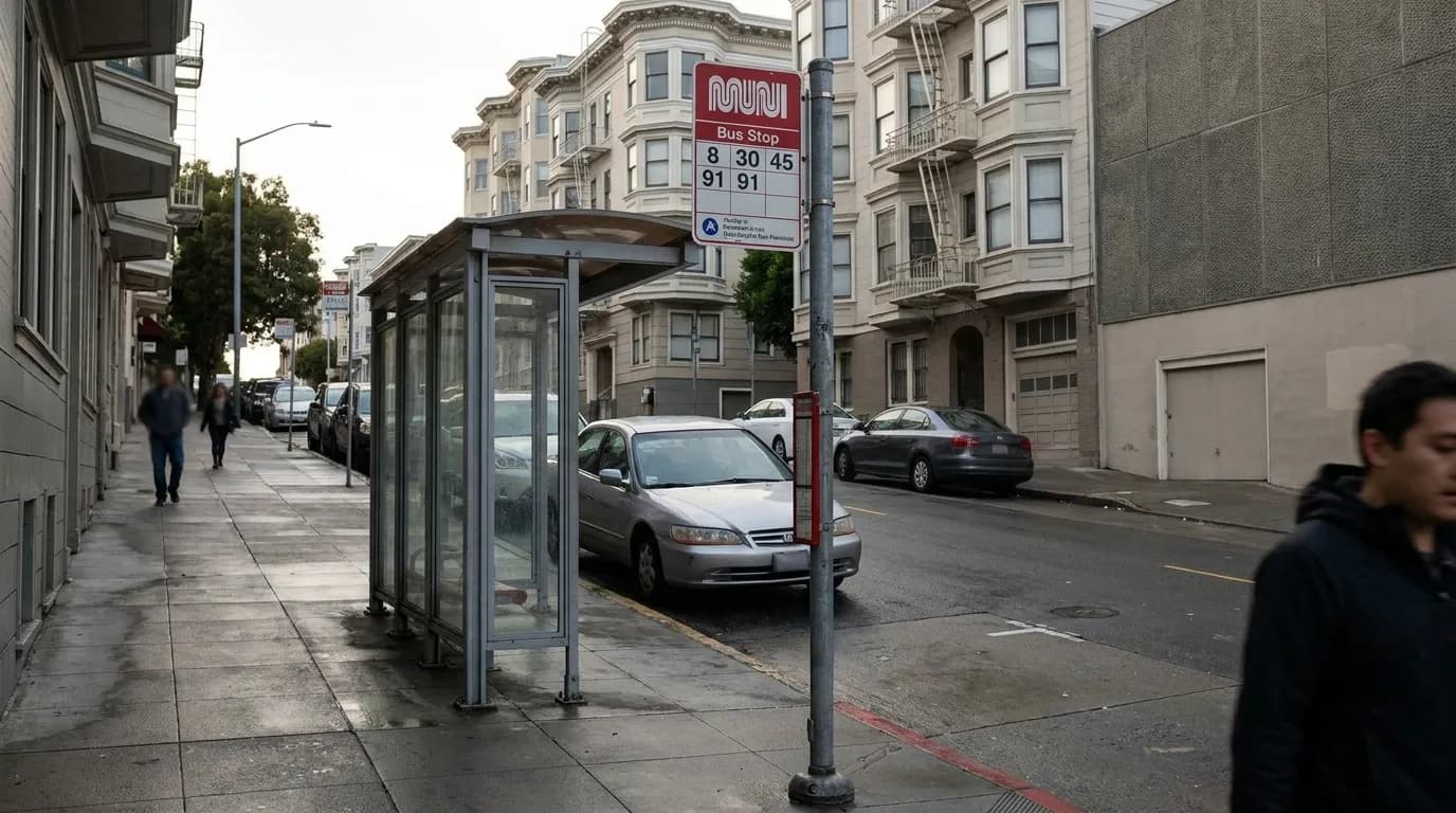 Muni bus stop on Stockton Street in San Francisco's North Beach neighborhood