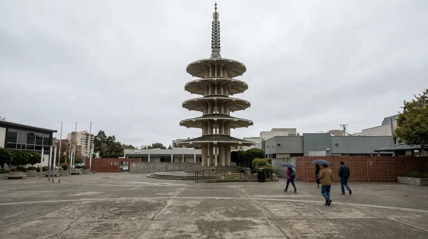 Peace Plaza in San Francisco's Japantown with five-tiered pagoda under overcast afternoon sky