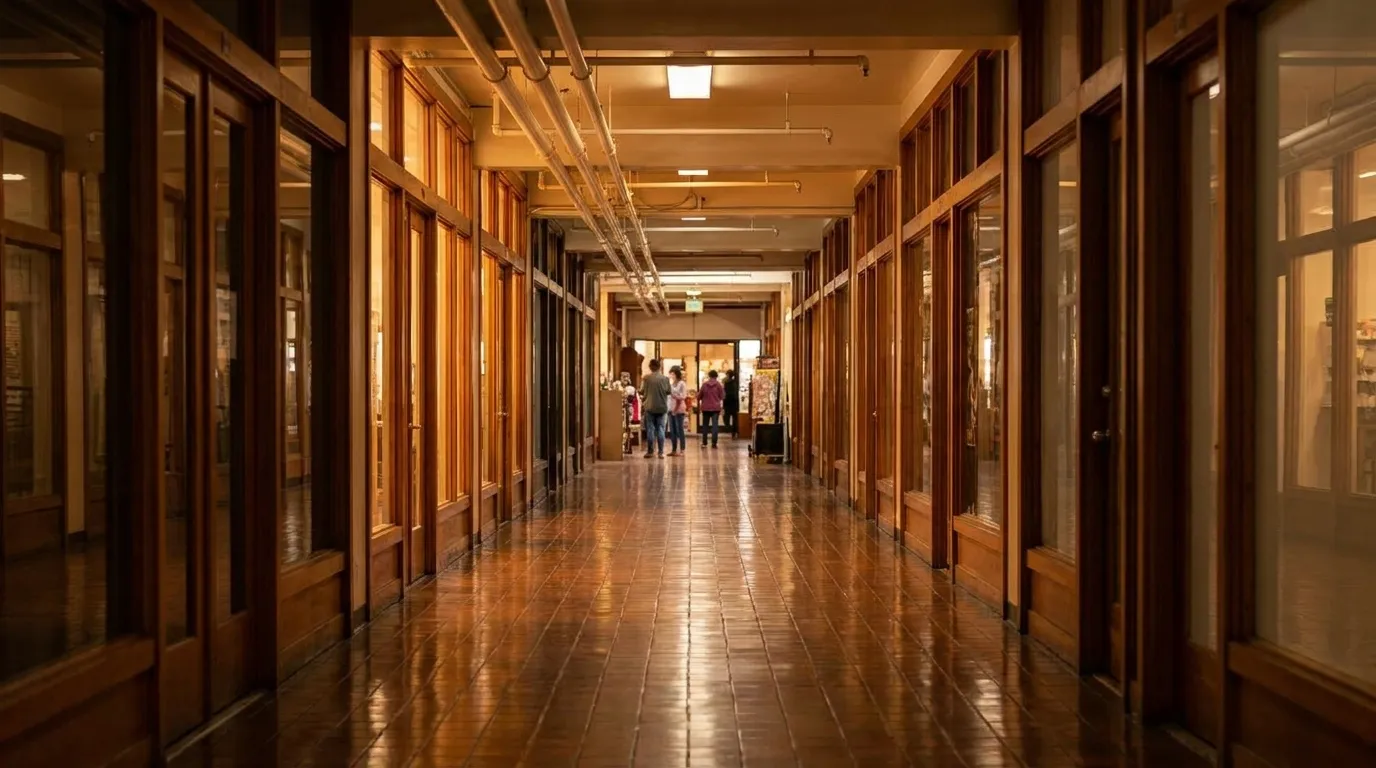 Interior corridor of Japan Center mall in San Francisco with tile floors and warm storefront lighting