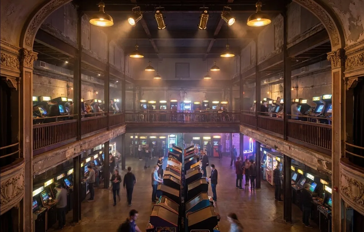 Three-story arcade bar interior with vintage game cabinets, neon lighting, and exposed theater architecture at Emporium San Francisco