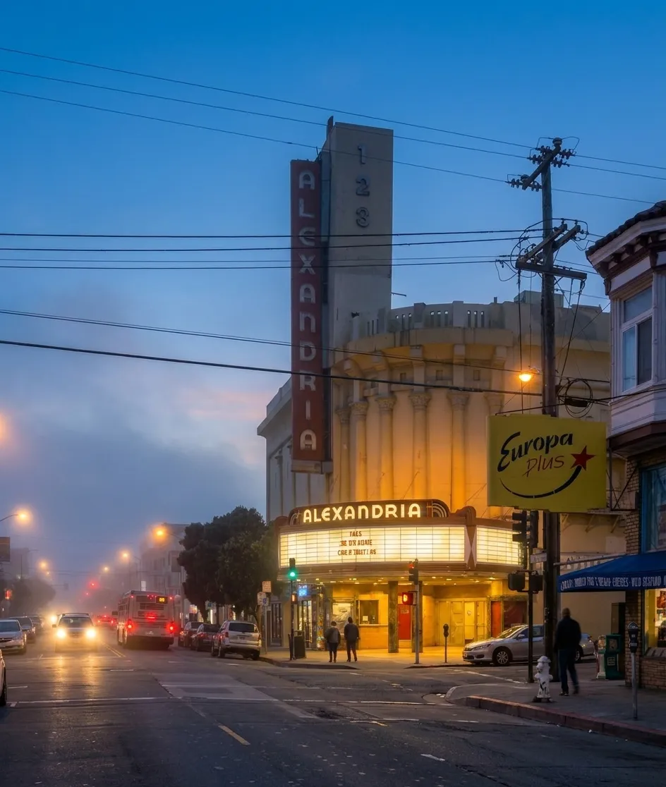 Former movie theater building on Geary Boulevard in San Francisco's Laurel Heights neighborhood at dusk
