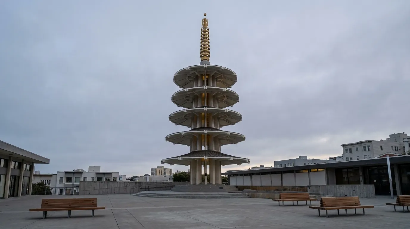 The Peace Pagoda stands in the center of Japantown's plaza in San Francisco on an overcast afternoon