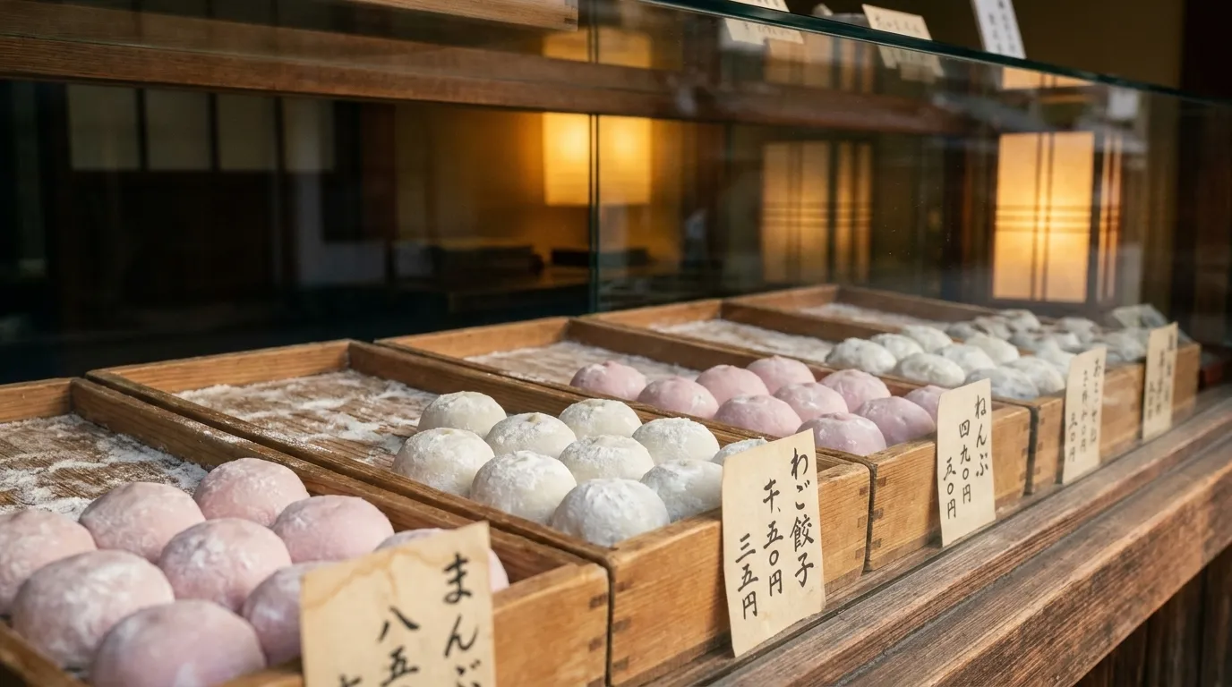 Trays of fresh mochi and manju sit in the window of a Japantown bakery in San Francisco