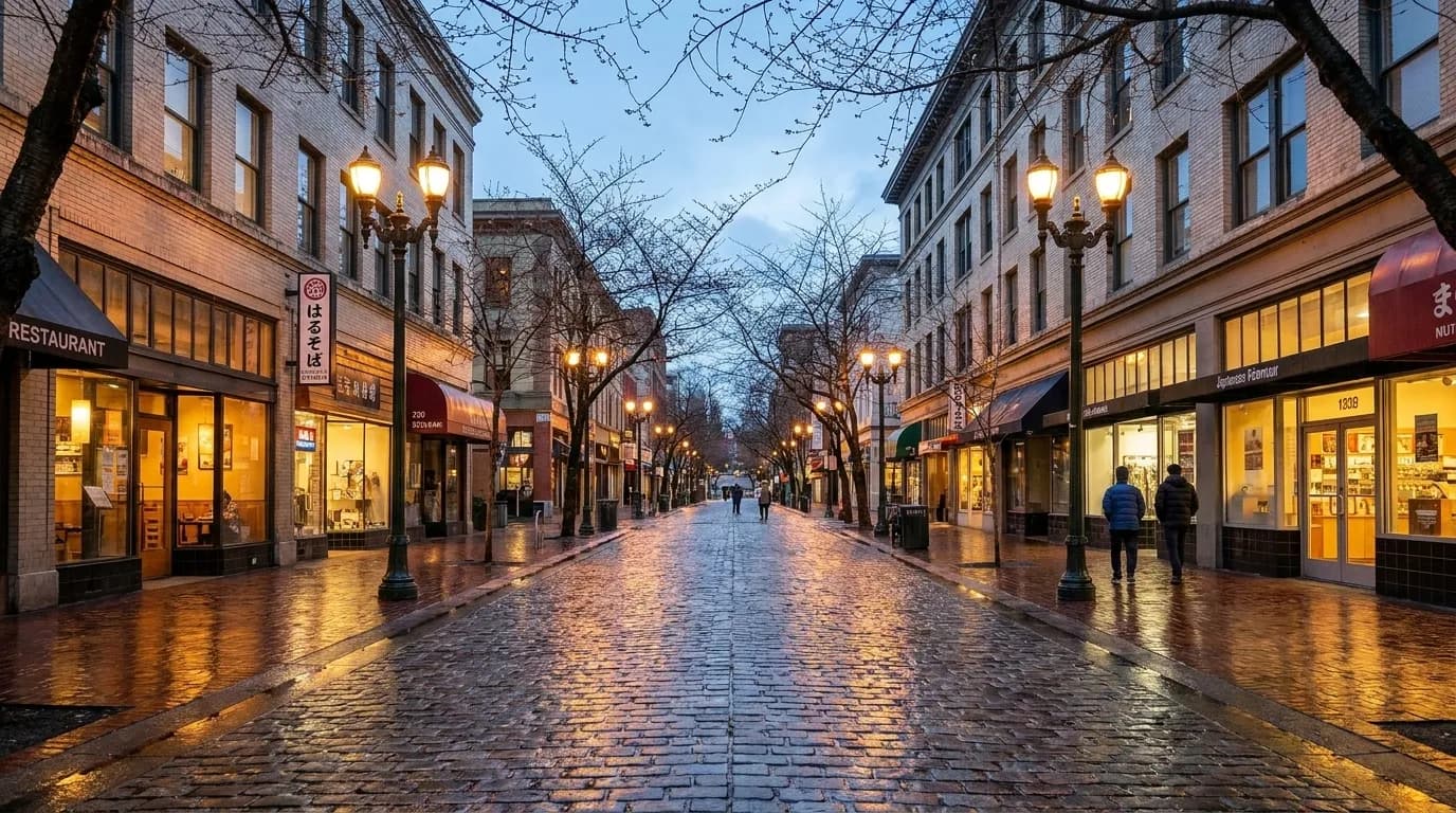 The Buchanan Street pedestrian mall stretches through Japantown in San Francisco at dusk under streetlights