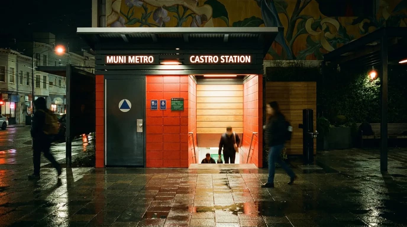 Castro Street Muni station entrance at night with illuminated signage and stairs descending underground