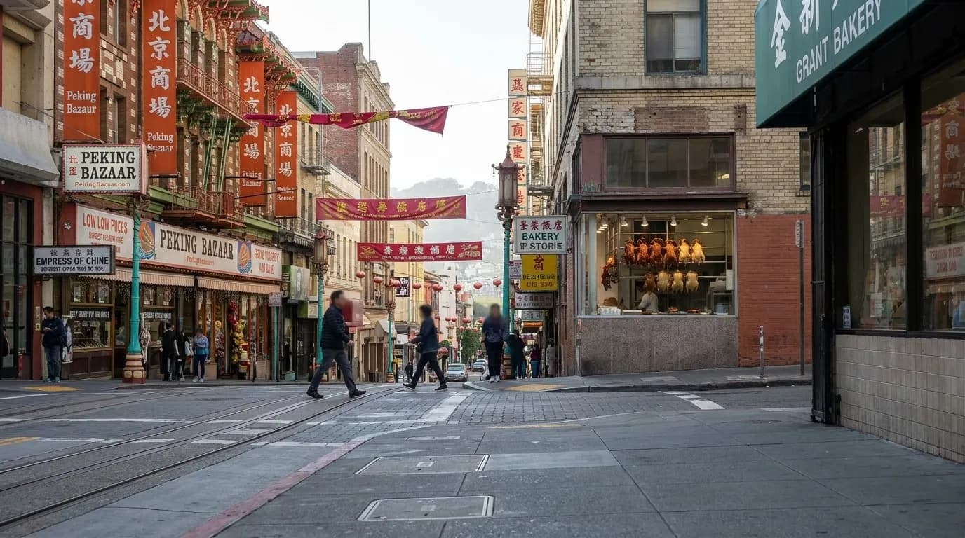Grant Avenue in San Francisco's Chinatown with hanging lanterns and storefronts