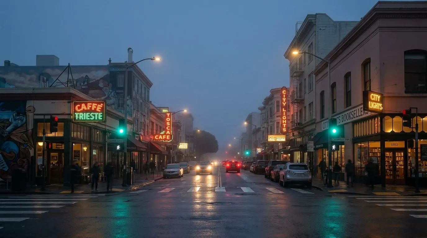 Columbus Avenue in San Francisco's North Beach neighborhood at dusk with cafe lights glowing through evening fog