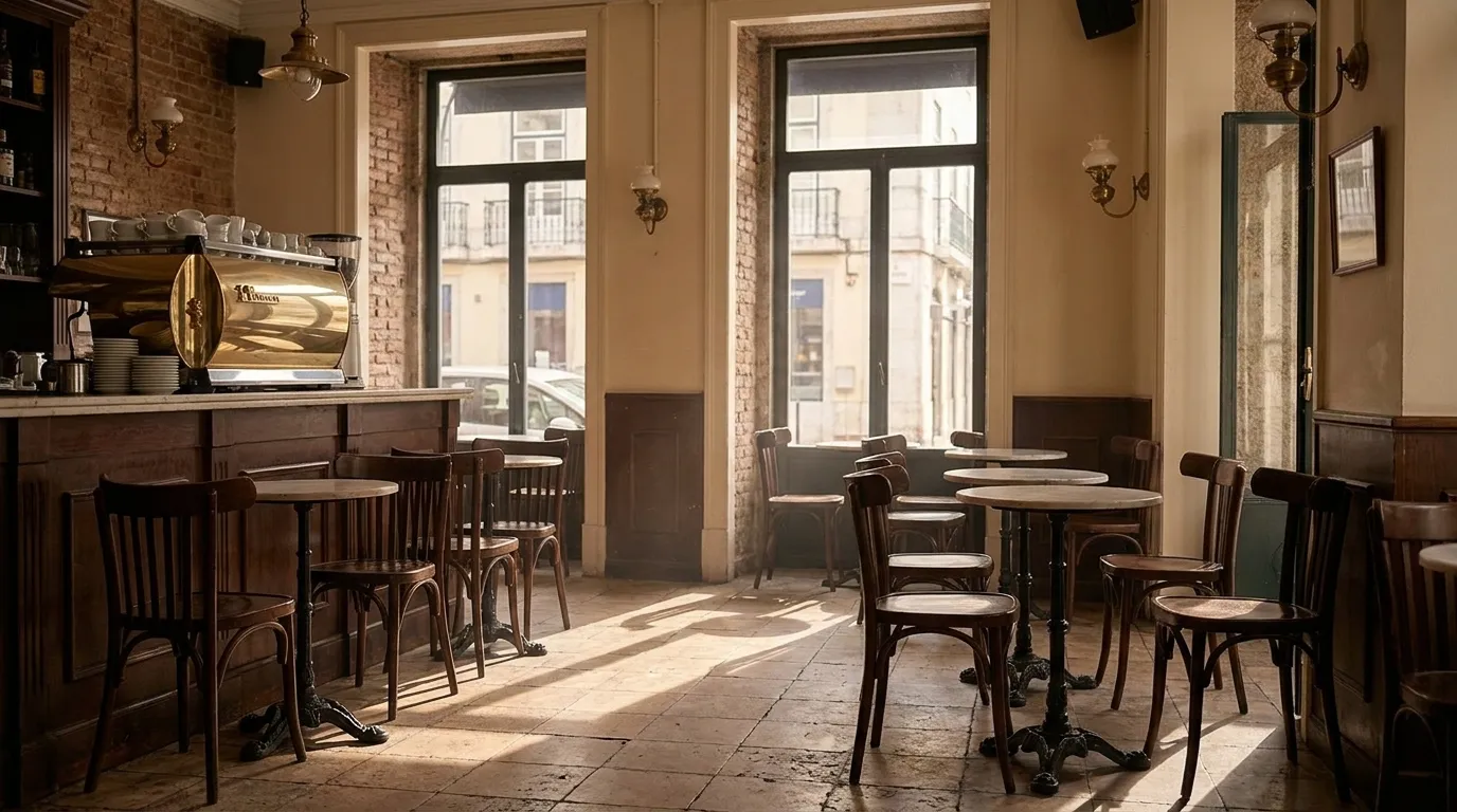 Quiet San Francisco neighborhood cafe interior in morning light with empty tables and sunlight through front windows