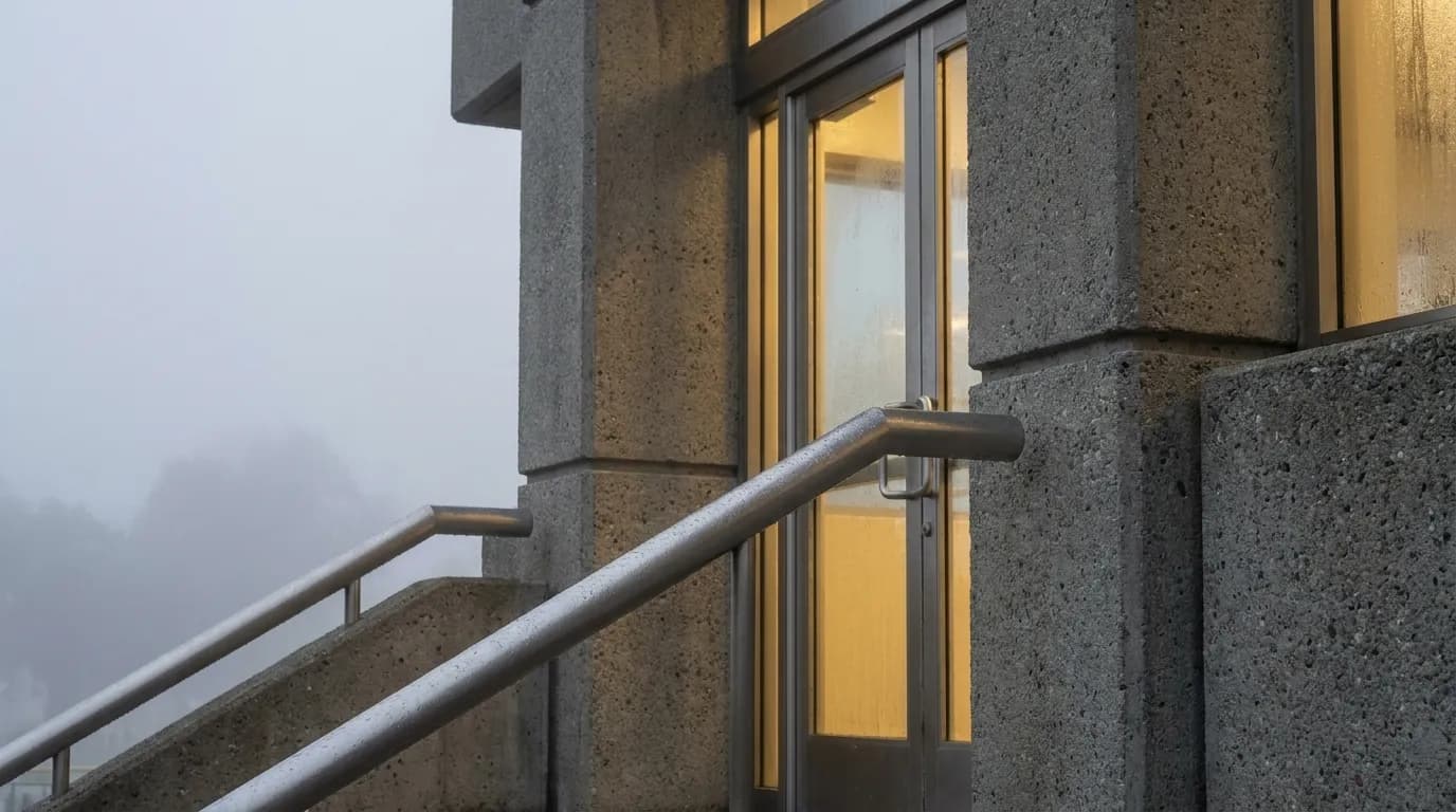 Concrete and glass entrance of Daly City BART station in evening fog with lit interior