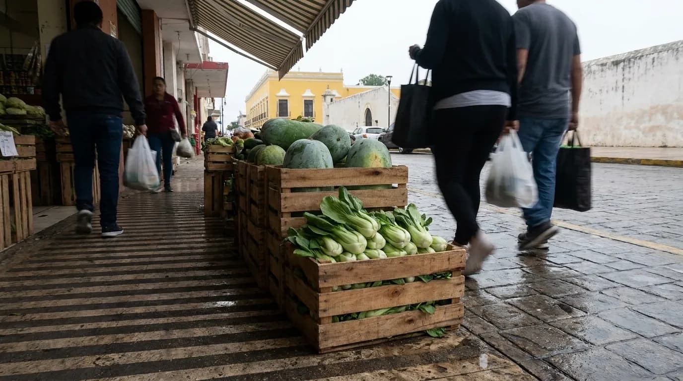 Produce stacked on the sidewalk along Stockton Street in San Francisco's Chinatown