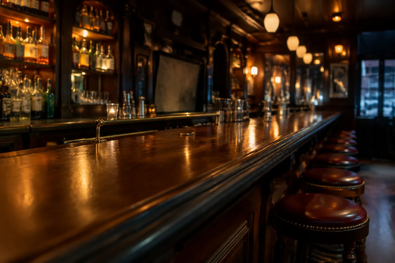 Long wooden bar with brass rail and backlit bottles in a classic San Francisco cocktail bar at dusk