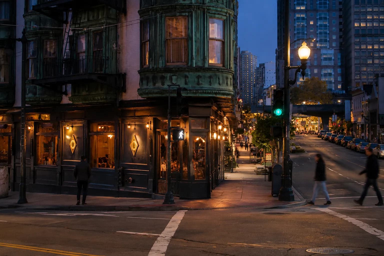 Evening street view of 24th Street in Noe Valley with lit storefronts and blue hour sky