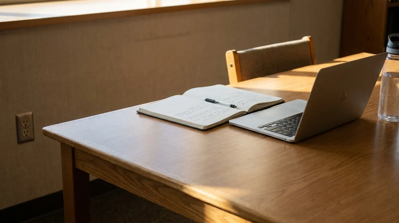 Study table setup in a San Francisco public library branch with notebook, laptop, and outlet access