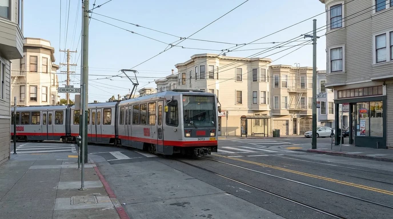 J-Church Muni light rail train on Church Street in San Francisco with overhead wires and residential buildings