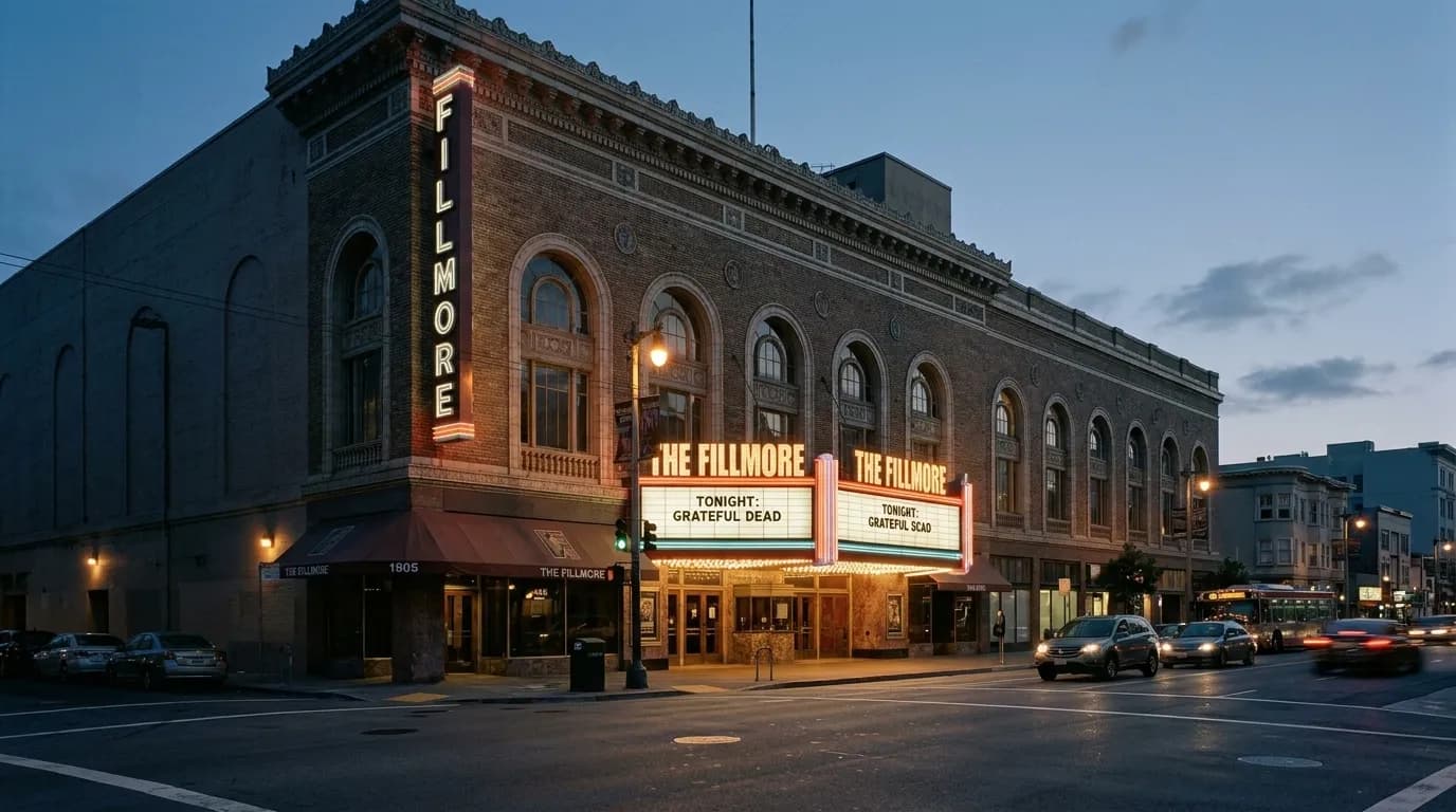 The Fillmore auditorium exterior on Van Ness Avenue at dusk with illuminated marquee