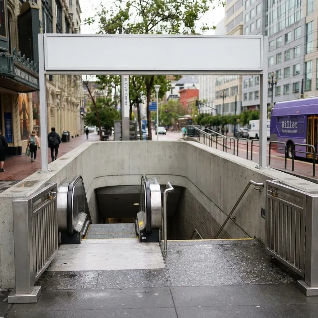 Civic Center BART station entrance with logo and escalator descending underground