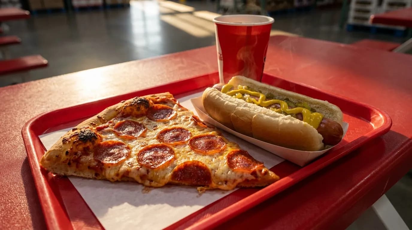 Costco food court meal with pizza slice and hot dog on red tray