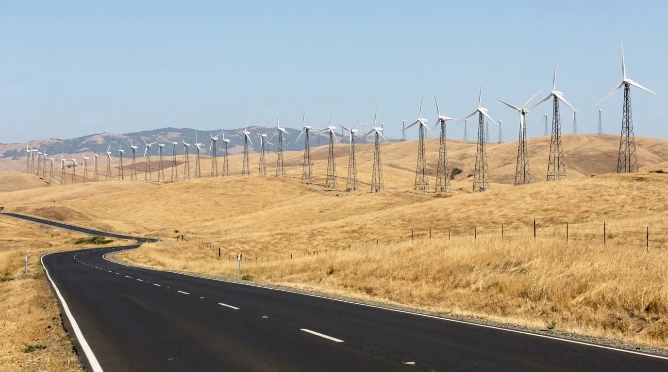 View of Altamont Pass wind turbines from Interstate 580 east of Livermore, California