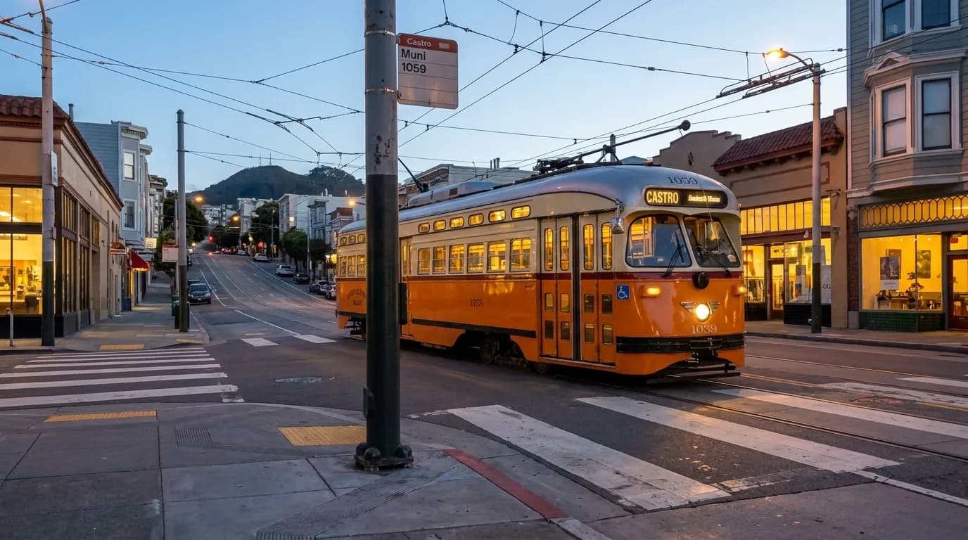 Castro Muni stop on Market Street at dusk in San Francisco