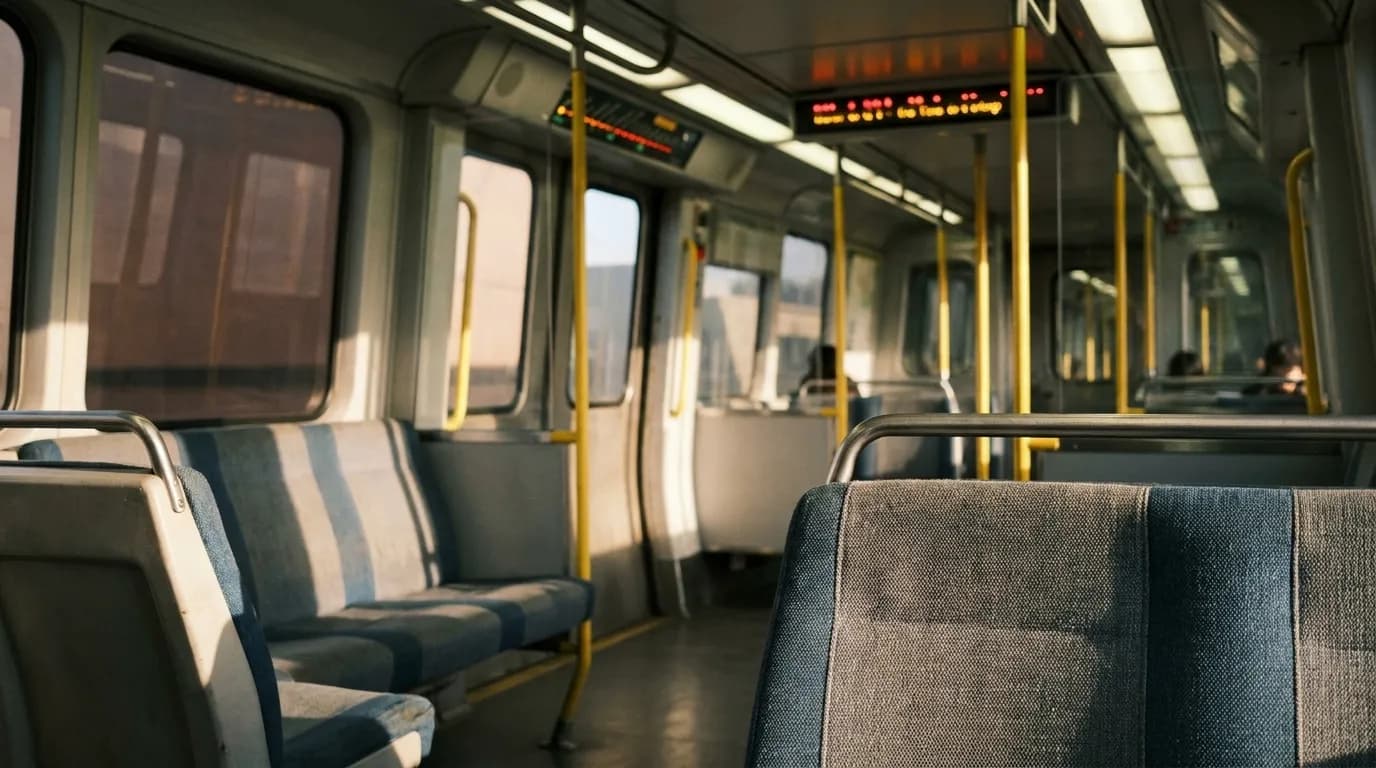 Interior view of a BART train car with blue seating and yellow handrails during an afternoon commute