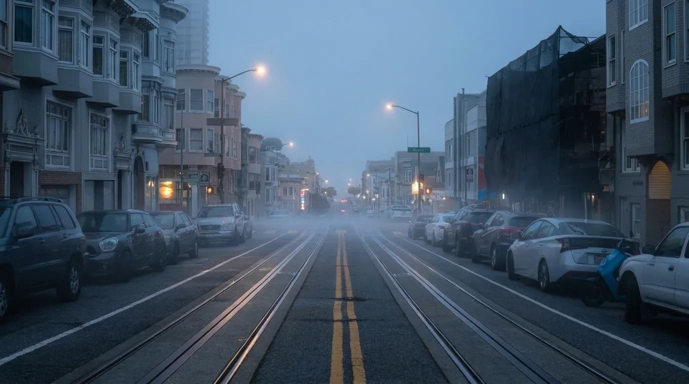 Serramonte Boulevard at dusk with fog settling over Daly City retail plazas and parking lots