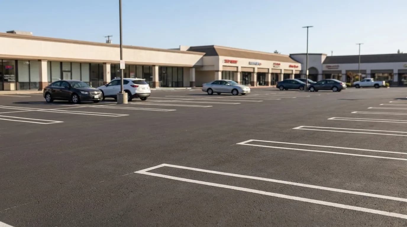 Expansive parking lot at McCarthy Ranch shopping center in Milpitas under clear morning sunlight