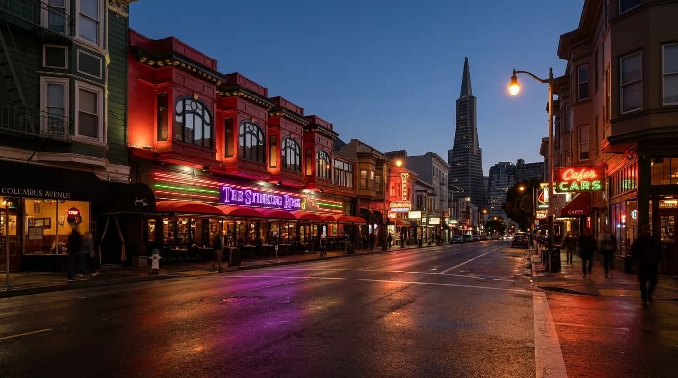 Columbus Avenue in San Francisco's North Beach at dusk with glowing neon signs and wet pavement reflecting streetlights