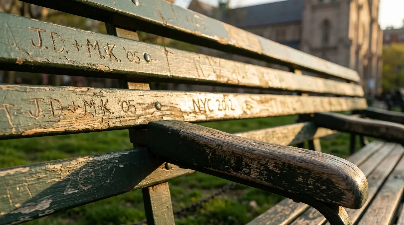 Weathered green bench in Washington Square Park with carved details and soft afternoon light