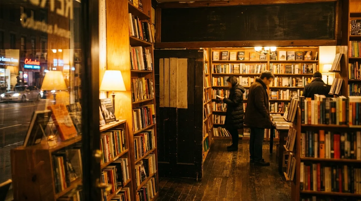 Interior of City Lights Bookstore in North Beach at night, warm light on shelves and wooden floors