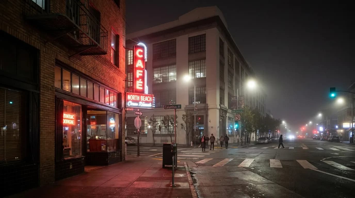 Columbus Avenue in North Beach at night with neon café signs and reflections on wet pavement