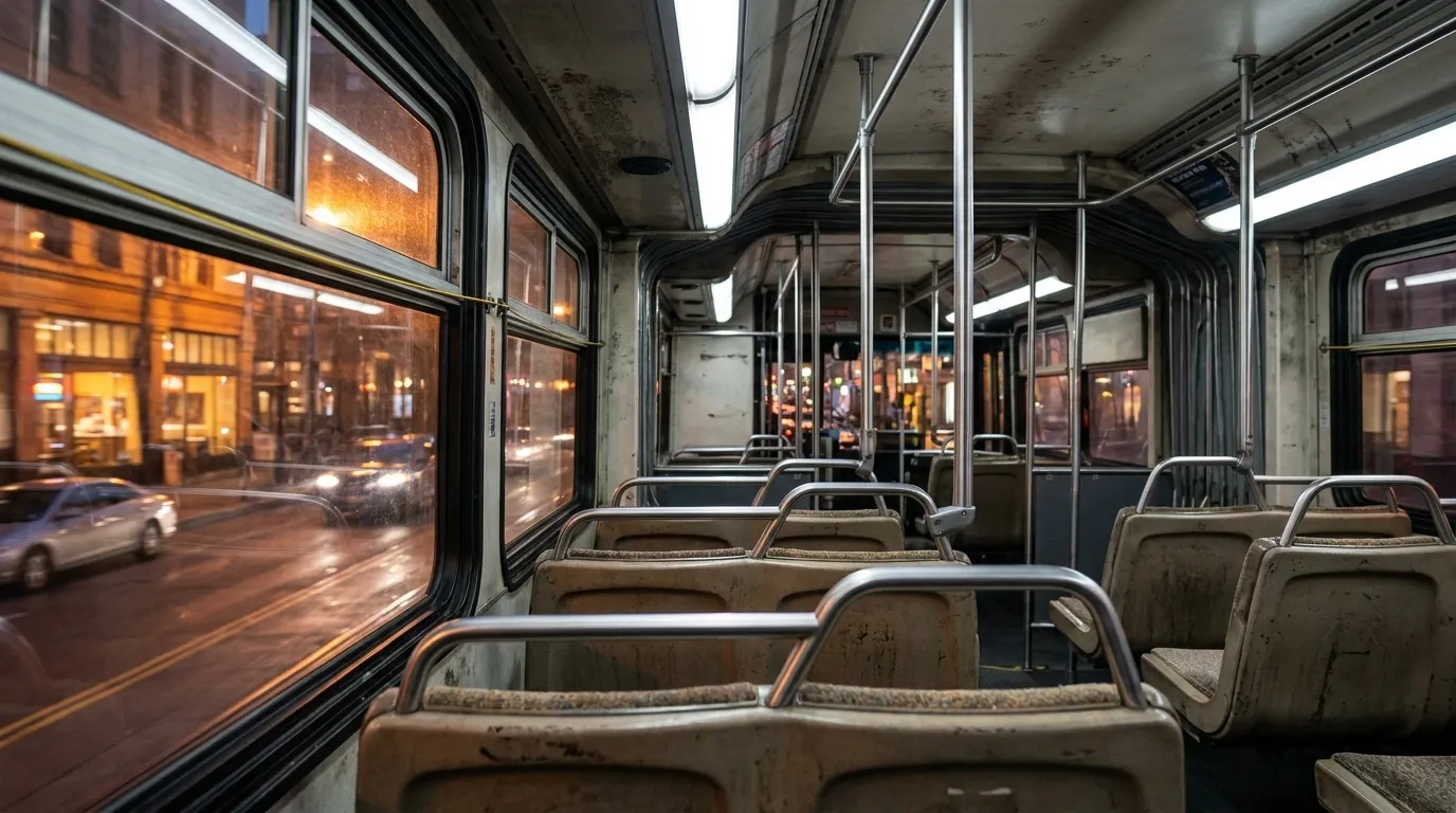 Interior of a San Francisco Muni bus at dusk with empty seats and city lights through the window