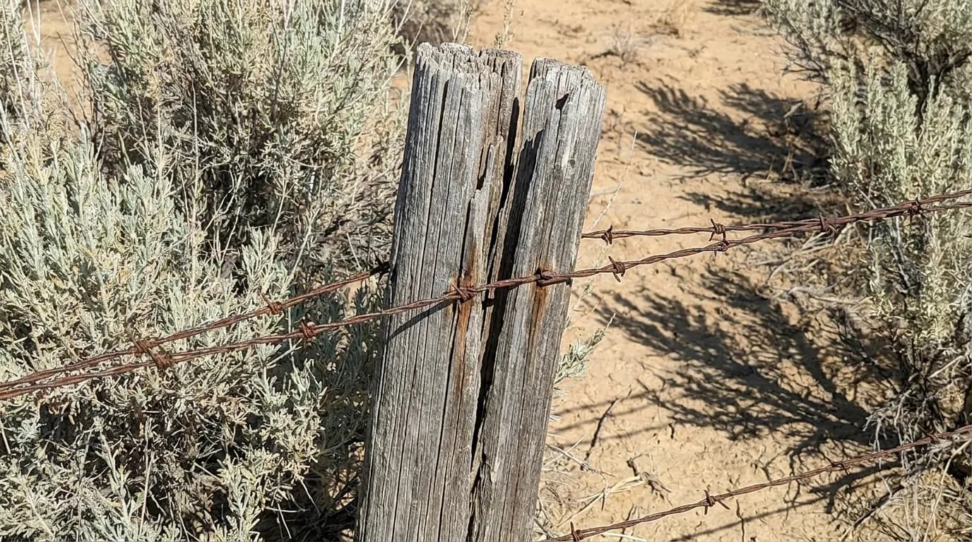Weathered wooden fence post and barbed wire in high desert sagebrush, showing textures of dry wood and rust