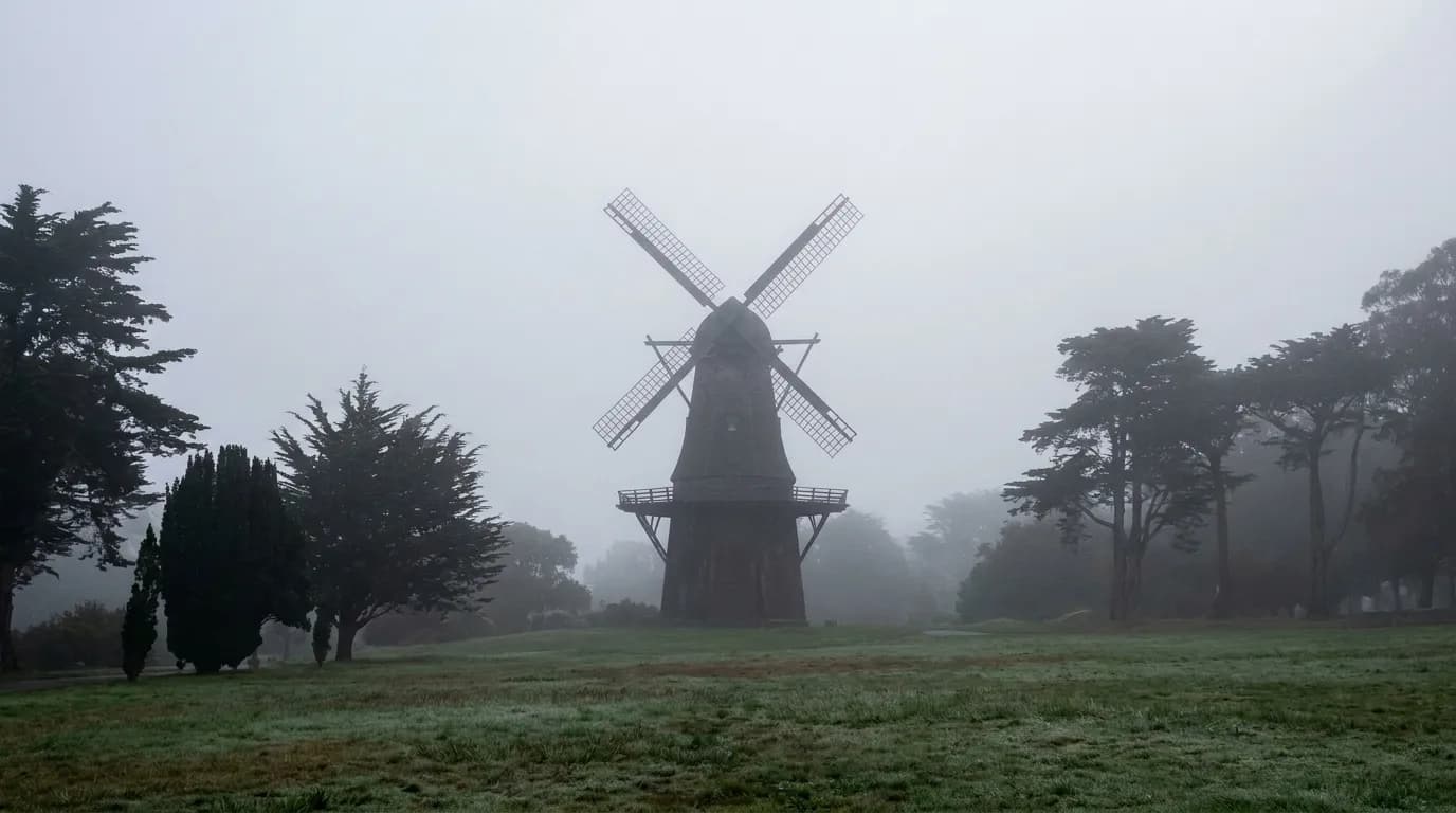 Dutch Windmill at Golden Gate Park emerging from morning fog, surrounded by wet grass and cypress trees