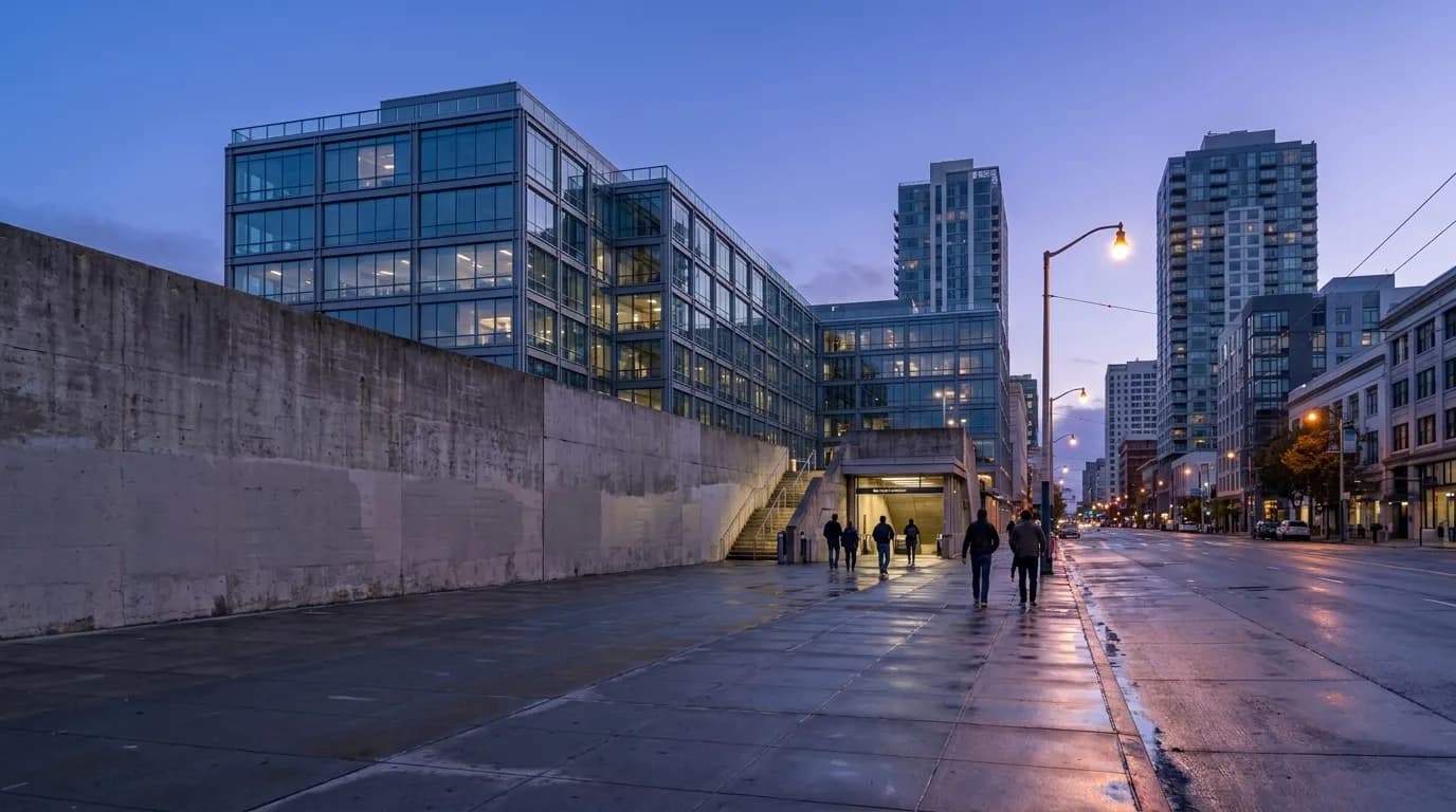 SoMa street in San Francisco at dusk with office buildings and pedestrians