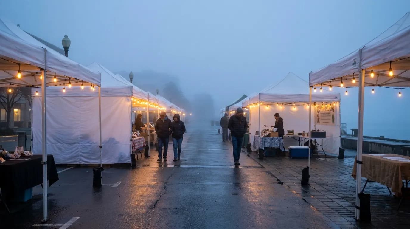 Night market tents along San Francisco Embarcadero with fog and evening light
