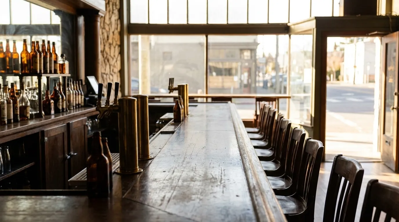 Interior view of a Noe Valley bar with afternoon light streaming through front windows and wooden bar counter in foreground