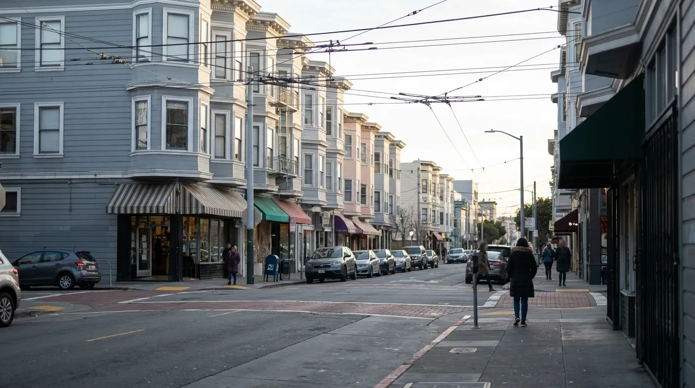 Street corner view of 24th Street in Noe Valley with Victorian buildings and Muni wires overhead