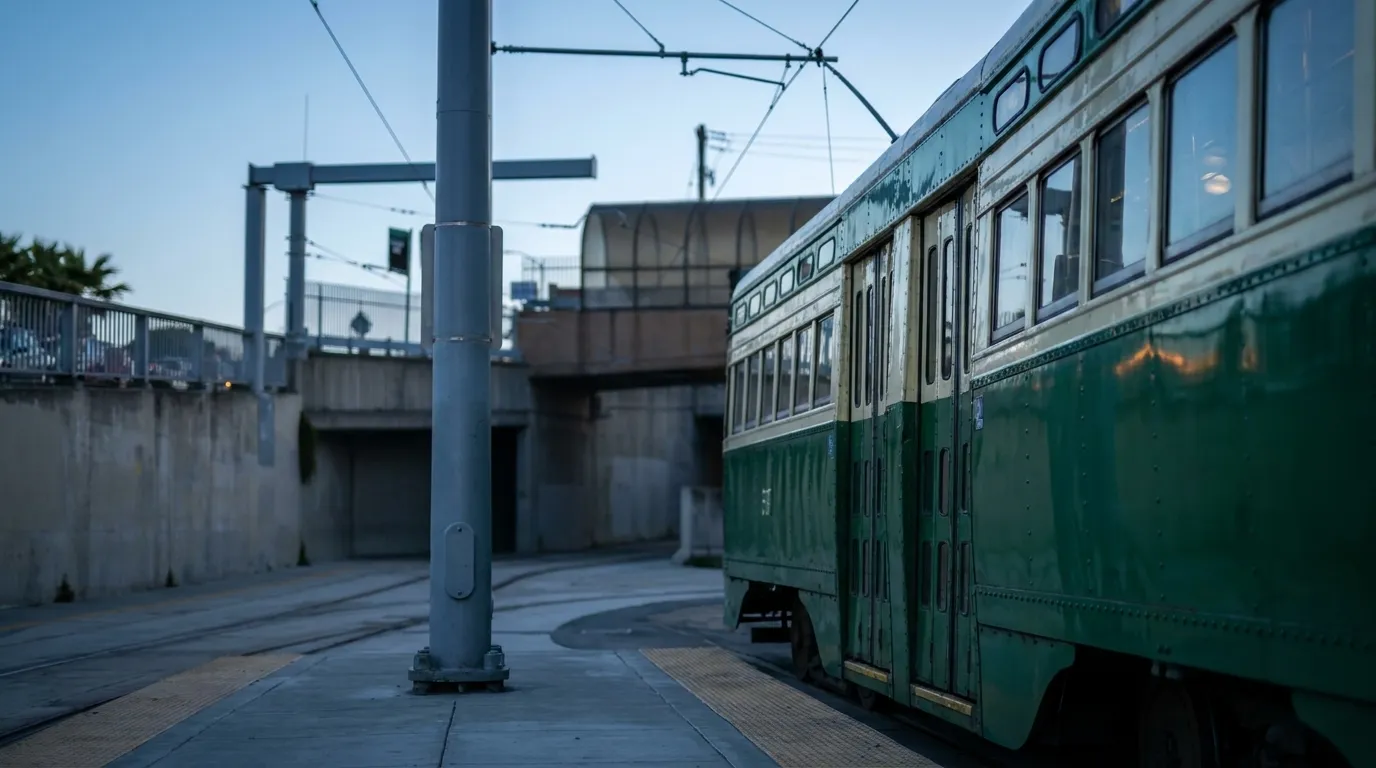 Detail view of a J-Church Muni streetcar at a platform stop in San Francisco at dusk