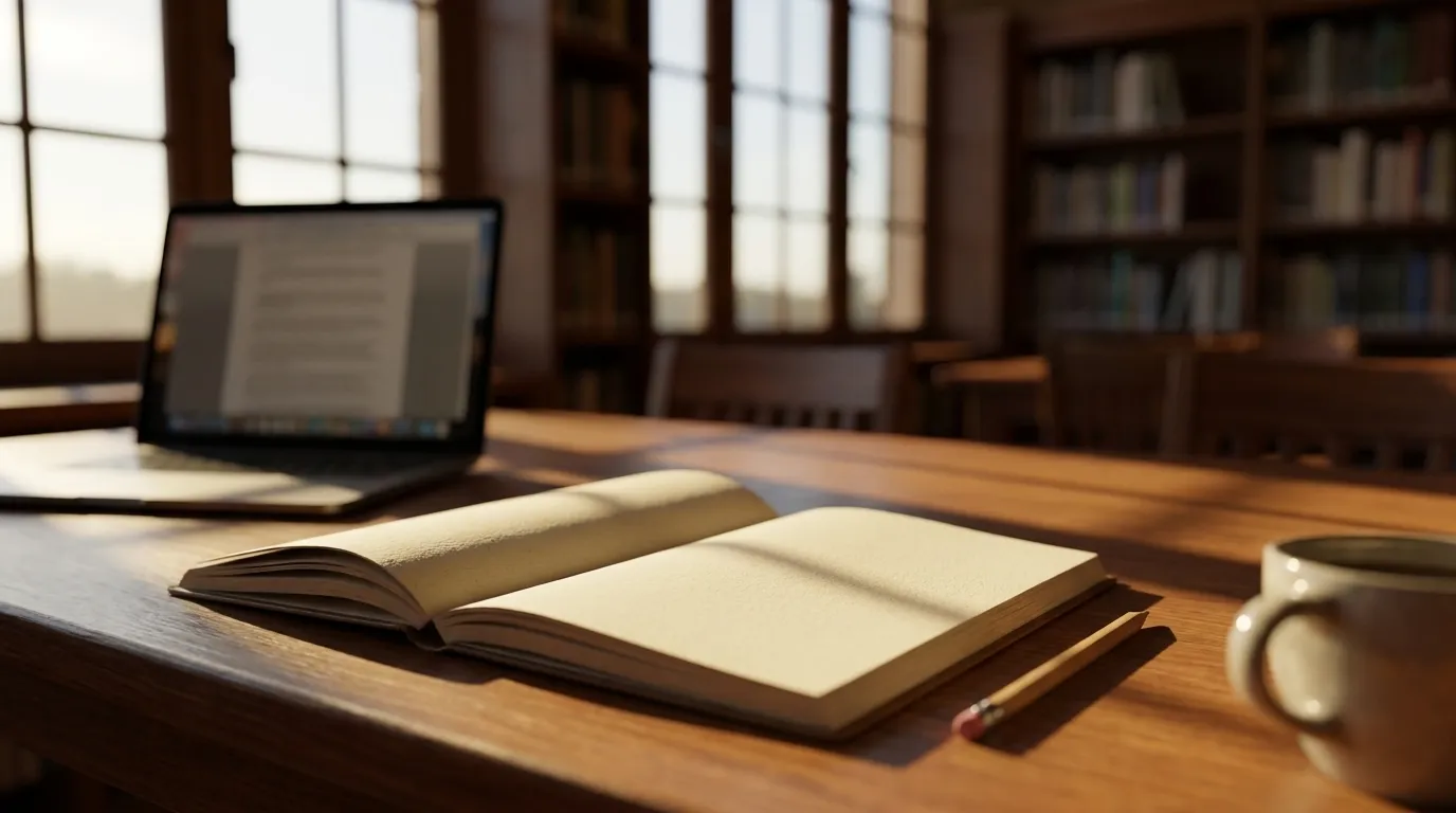 Library study table with notebook and laptop in afternoon window light