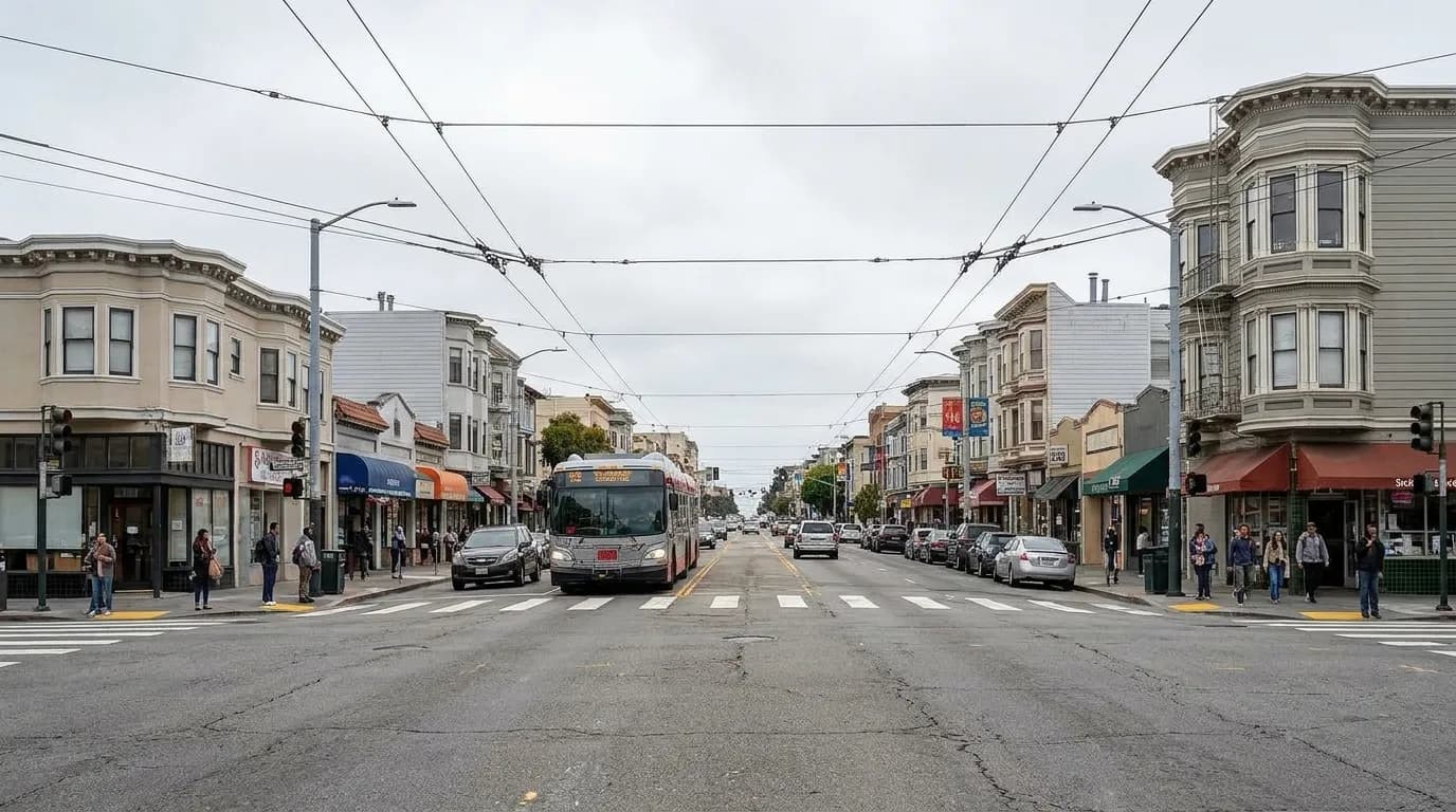 Geary Boulevard in San Francisco with Muni bus and storefronts in afternoon light