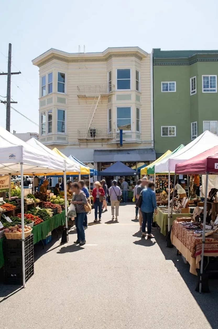 Three-block street closure on Clement Street with farmers market vendor stalls lining both sides and Inner Richmond storefronts visible in background