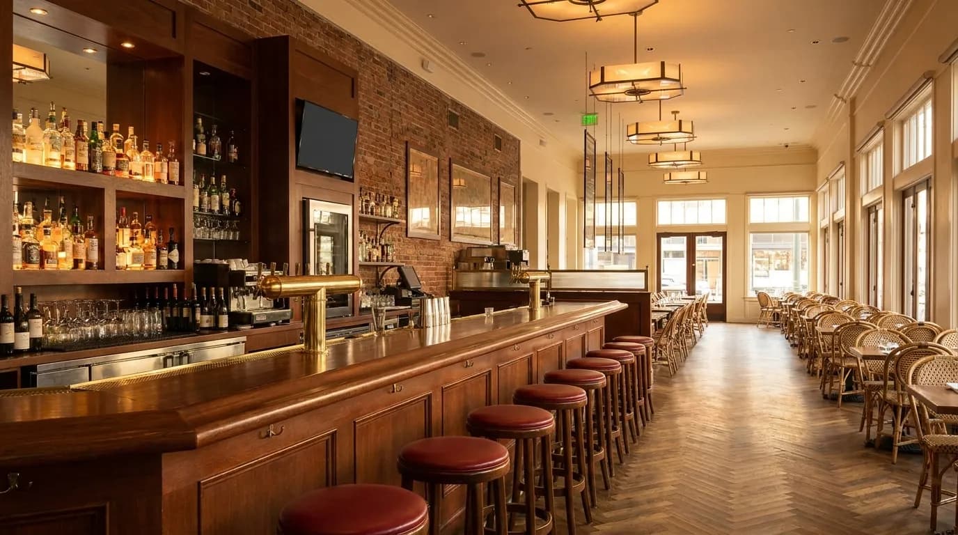 Wooden bar interior in North Beach with afternoon light streaming through windows and television mounted on brick wall