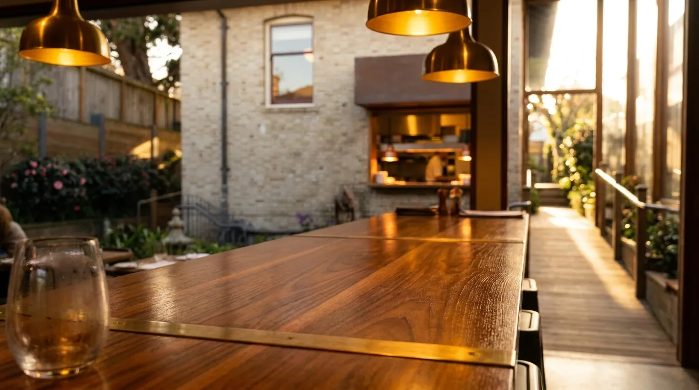 Warm evening light across a polished wood dining counter in downtown San Francisco